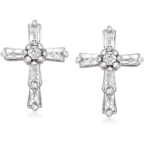 Ross-Simons 0.22 ct. t.w. Baguette and Round Diamond Cross Earrings in Sterling Silver