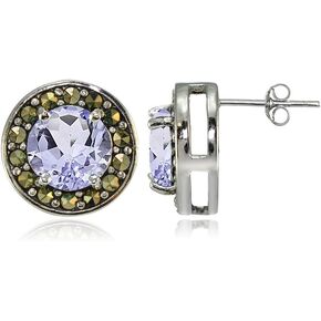 Sterling Silver Gemstone and Marcasite Halo Birthstone Stud Earrings