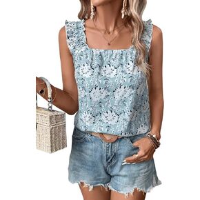 SweatyRocks Women's Casual Square Neck Ruffle Trim Tank Top Floral Print Sleeveless Blouse Shirt