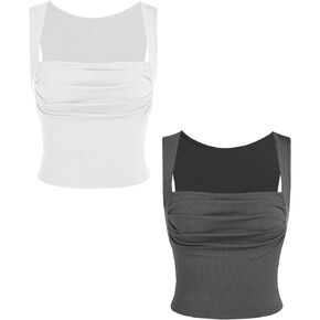 Crop Tops for Women Womens Summer Tops Tank Top for Women 2 Pack Solid Ruched Square Neck Crop Top
