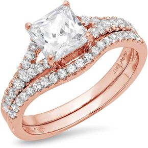 Clara Pucci 2.01ct Princess Cut Solitaire Genuine Moissanite Engagement Promise Anniversary Bridal Ring Band set Curved 18K Rose Gold