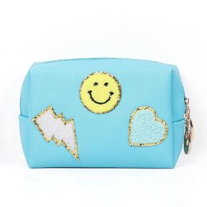 Preppy Patch Makeup Bag,Smile Lightning PU Leather Waterproof Makeup Bag for Girls,Daily Use Preppy Girls Stuff Makeup Bag,Travel Organizer Cosmetic Bag for Women Girls Gift Yellow