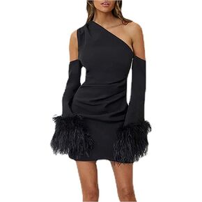 RARITYUS Women Sexy One Shoulder Mini Dress Long Sleeve with Feather Elegant Ruched Cockatail for Party Club Dresses