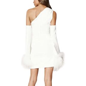 RARITYUS Women Sexy One Shoulder Mini Dress Long Sleeve with Feather Elegant Ruched Cockatail for Party Club Dresses