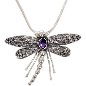 NOVICA Artisan Handmade Amethyst Pendant Necklace .925 Sterling Silver Purple Indonesia Animal Themed Birthstone Balinese 'Enchanted Dragonfly'
