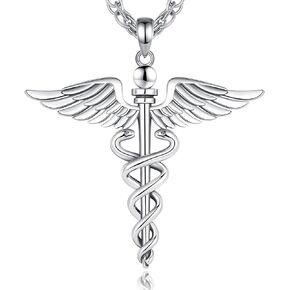 Vito Sterling Silver Caduceus Necklace for Women, RN Necklace Stethoscope Nurse Pendant Nurse Themed Jewelry Gifts for Doctor Graduation Medical Students, 22+2"