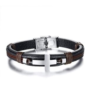 LG Gifts Ltd. سوار متقاطع للرجال مصنوع من الجلد الأسود والبني والفولاذ المقاوم للصدأ | هدية دينية للرجال in Kuwait