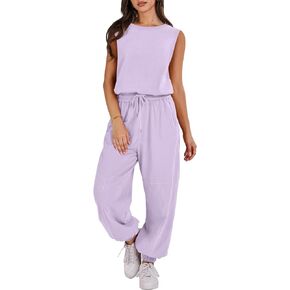 ANRABESS Womens Sleeveless Crewneck Loose Fit Open Back Jumpsuits Outfits One Piece Workout Active Tracksuits Sweatsuits