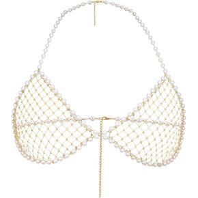 Reetan Pearl Body Chain Mesh Crystal Chest Chain Rave Sparkly Bra Chain Party Fashion Body Jewelry for Women and Girls