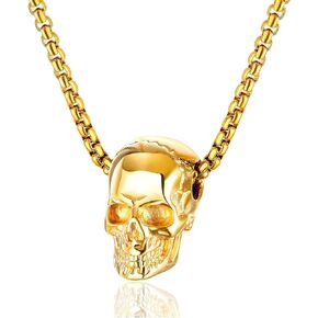 Fusamk Punk Rapper Stainless Steel Skull Head Pendant Necklace,22" Link Chain