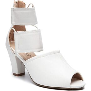 ANN CREEK Women's 'Ravia' Fashion Design Heeled Sandals Double Elastic Ankle Strap Peeptoe Rear Zipper Gladiator Shoes White