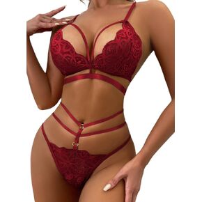 ملابس داخلية مثيرة للنساء من Ella Lust - حمالة صدر دانتيل زهرية رقيقة ولباس داخلي متطابق مع حلقة غريبة مكونة من قطعتين in Kuwait