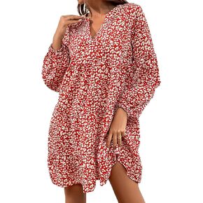 BROVAVE Women's Casual Tunic Dress Long Sleeve Boho Polka Dot Swing Ruffle Mini Dress S-3XL