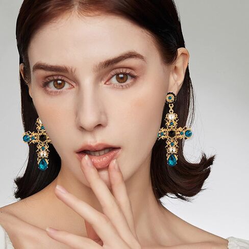 Unique Chic Big Gold Cross Red Heart Earrings Sparkly Crystal Baroque Hollow Cross Drop Dangle Earrings for Women Teens Girls Bar Party Gifts in Kuwait