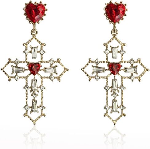 Unique Chic Big Gold Cross Red Heart Earrings Sparkly Crystal Baroque Hollow Cross Drop Dangle Earrings for Women Teens Girls Bar Party Gifts in Kuwait