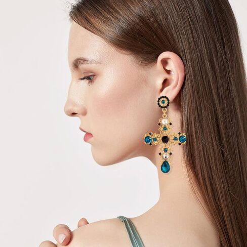 Unique Chic Big Gold Cross Red Heart Earrings Sparkly Crystal Baroque Hollow Cross Drop Dangle Earrings for Women Teens Girls Bar Party Gifts in Kuwait