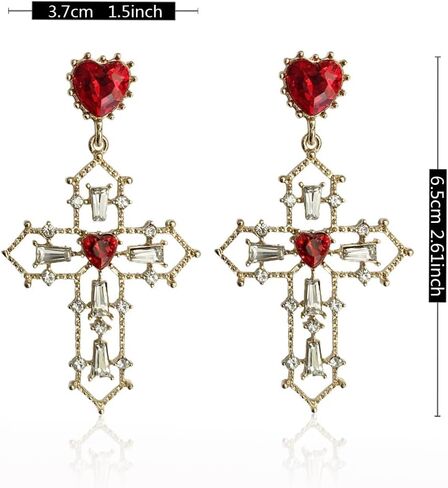Unique Chic Big Gold Cross Red Heart Earrings Sparkly Crystal Baroque Hollow Cross Drop Dangle Earrings for Women Teens Girls Bar Party Gifts in Kuwait