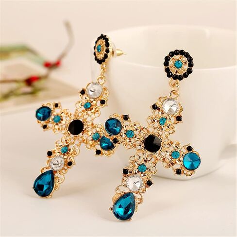 Unique Chic Big Gold Cross Red Heart Earrings Sparkly Crystal Baroque Hollow Cross Drop Dangle Earrings for Women Teens Girls Bar Party Gifts in Kuwait