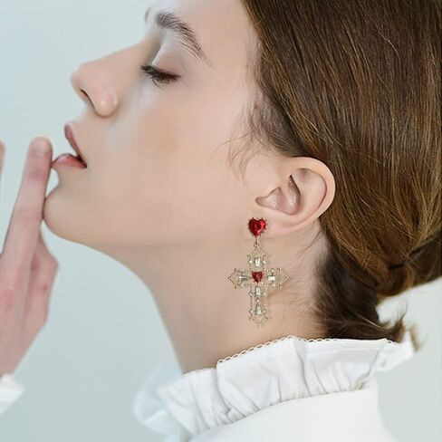Unique Chic Big Gold Cross Red Heart Earrings Sparkly Crystal Baroque Hollow Cross Drop Dangle Earrings for Women Teens Girls Bar Party Gifts in Kuwait