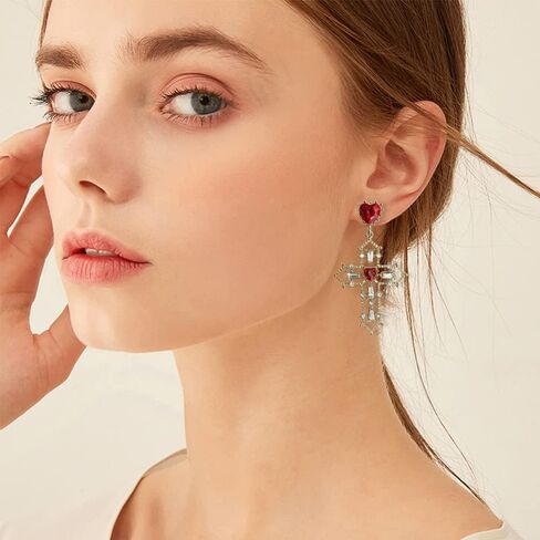 Unique Chic Big Gold Cross Red Heart Earrings Sparkly Crystal Baroque Hollow Cross Drop Dangle Earrings for Women Teens Girls Bar Party Gifts in Kuwait