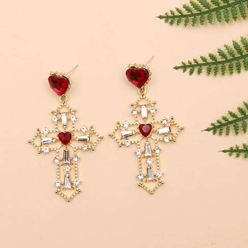 Unique Chic Big Gold Cross Red Heart Earrings Sparkly Crystal Baroque Hollow Cross Drop Dangle Earrings for Women Teens Girls Bar Party Gifts in Kuwait