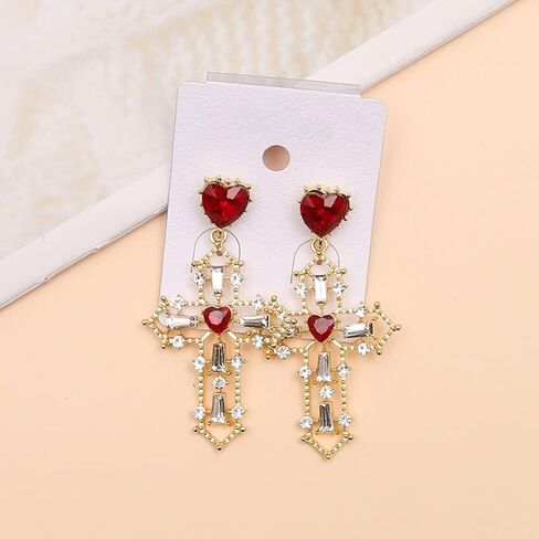 Unique Chic Big Gold Cross Red Heart Earrings Sparkly Crystal Baroque Hollow Cross Drop Dangle Earrings for Women Teens Girls Bar Party Gifts in Kuwait