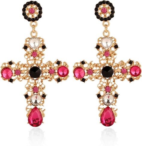 Unique Chic Big Gold Cross Red Heart Earrings Sparkly Crystal Baroque Hollow Cross Drop Dangle Earrings for Women Teens Girls Bar Party Gifts in Kuwait