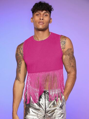 WDIRARA Men's Fringe Hem Round Neck Sleeveless Slim Fit Solid Tank Top in Saudi Arabia
