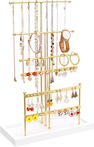 حامل منظم مجوهرات معلق من DesignSter مكون من 6 طبقات مع صواني خشبية وقلادة على الطاولة وحامل أقراط ومنظم مجوهرات وشجرة برج لعرض السوار (أسود) in Kuwait