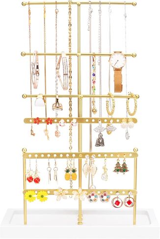 حامل منظم مجوهرات معلق من DesignSter مكون من 6 طبقات مع صواني خشبية وقلادة على الطاولة وحامل أقراط ومنظم مجوهرات وشجرة برج لعرض السوار (أسود) in Kuwait