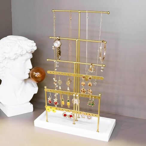 حامل منظم مجوهرات معلق من DesignSter مكون من 6 طبقات مع صواني خشبية وقلادة على الطاولة وحامل أقراط ومنظم مجوهرات وشجرة برج لعرض السوار (أسود) in Kuwait