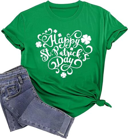 Happy St Patrick's Day Cotton Shirt for Women Clover Graphic Print Summer Athletic Short Sleeve Roundneck Casual Tee Tops in Saudi Arabia