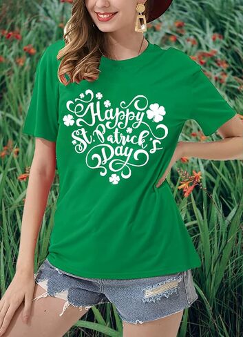Happy St Patrick's Day Cotton Shirt for Women Clover Graphic Print Summer Athletic Short Sleeve Roundneck Casual Tee Tops in Saudi Arabia