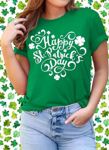 Happy St Patrick's Day Cotton Shirt for Women Clover Graphic Print Summer Athletic Short Sleeve Roundneck Casual Tee Tops in Saudi Arabia