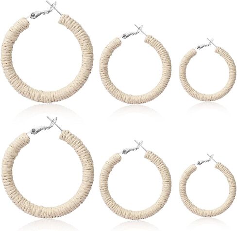 أقراط راتان للنساء مصنوعة يدويًا من بوهو الرافية المنسوجة أقراط حلقية متعددة الأقراط من القش للعطلات الصيفية للنساء in Kuwait