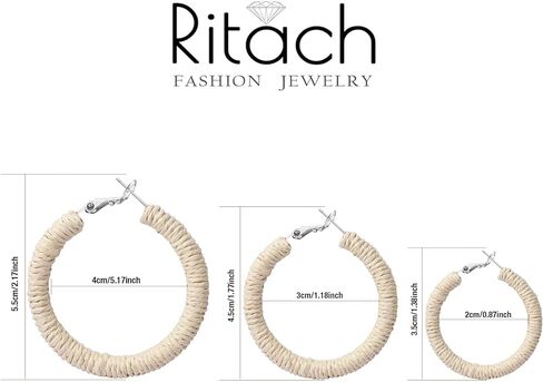 أقراط راتان للنساء مصنوعة يدويًا من بوهو الرافية المنسوجة أقراط حلقية متعددة الأقراط من القش للعطلات الصيفية للنساء in Kuwait