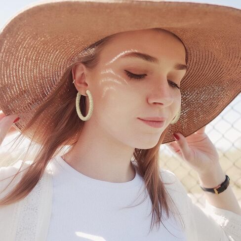 أقراط راتان للنساء مصنوعة يدويًا من بوهو الرافية المنسوجة أقراط حلقية متعددة الأقراط من القش للعطلات الصيفية للنساء in Kuwait