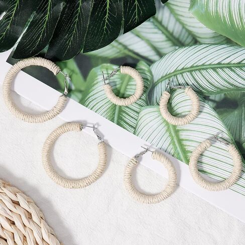 أقراط راتان للنساء مصنوعة يدويًا من بوهو الرافية المنسوجة أقراط حلقية متعددة الأقراط من القش للعطلات الصيفية للنساء in Kuwait