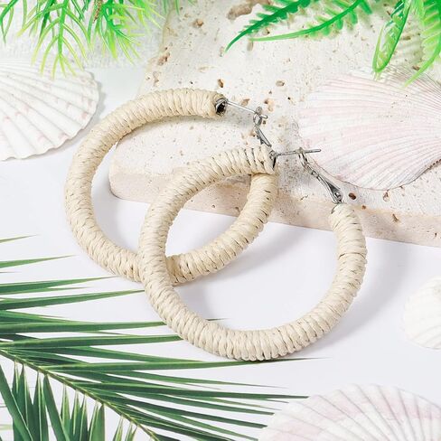 أقراط راتان للنساء مصنوعة يدويًا من بوهو الرافية المنسوجة أقراط حلقية متعددة الأقراط من القش للعطلات الصيفية للنساء in Kuwait