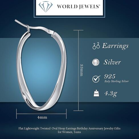 World Jewels 925 Sterling Silver 33mm Twisted Oval Hoop Earrings for Women - Italian Made, Lightweight Hoop Earrings, Silver Hoop Earrings for Women - Anniversary, Birthday Gifts for Women and Teens, in Saudi Arabia