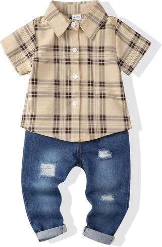 XUANHAO Baby Boy Clothes Toddler Boys Summer Jeans Pants Outfits Set 12M-5T | Infant Baby Boys Jean Clothing Sets,Toddler Boy Button Down Plaid Shirt Outfit,Short Sleeve Tops Ripped Denim Pants 2Pcs Set in Saudi Arabia