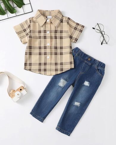 XUANHAO Baby Boy Clothes Toddler Boys Summer Jeans Pants Outfits Set 12M-5T | Infant Baby Boys Jean Clothing Sets,Toddler Boy Button Down Plaid Shirt Outfit,Short Sleeve Tops Ripped Denim Pants 2Pcs Set in Saudi Arabia