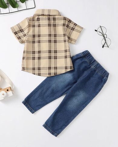 XUANHAO Baby Boy Clothes Toddler Boys Summer Jeans Pants Outfits Set 12M-5T | Infant Baby Boys Jean Clothing Sets,Toddler Boy Button Down Plaid Shirt Outfit,Short Sleeve Tops Ripped Denim Pants 2Pcs Set in Saudi Arabia