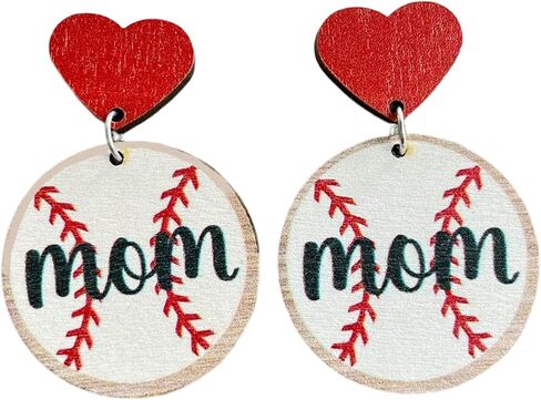 Mother's Day MAMA Wooden Sports Ball Earrings Retro Lightweight Basketball Volleyball Baseball Football Rugby Love Heart Wooden Sport Earrings for Mom Sports Fans Players Jewelry Gifts in Saudi Arabia