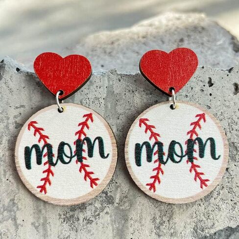 Mother's Day MAMA Wooden Sports Ball Earrings Retro Lightweight Basketball Volleyball Baseball Football Rugby Love Heart Wooden Sport Earrings for Mom Sports Fans Players Jewelry Gifts in Saudi Arabia