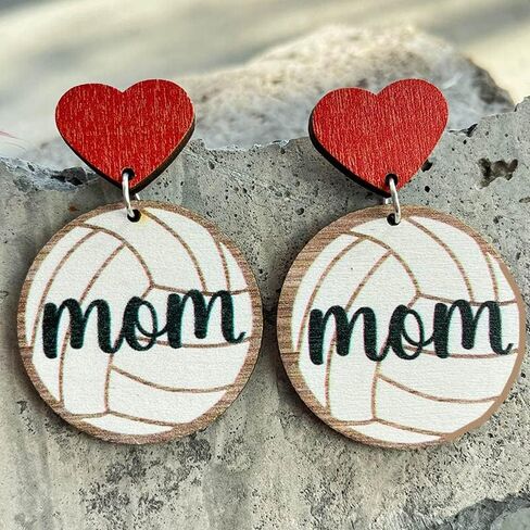 Mother's Day MAMA Wooden Sports Ball Earrings Retro Lightweight Basketball Volleyball Baseball Football Rugby Love Heart Wooden Sport Earrings for Mom Sports Fans Players Jewelry Gifts in Saudi Arabia