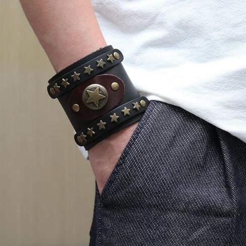 Men's Wide Cuff Wristband Punk Rock Motorbike Wide Belt Leather Bracelet in Saudi Arabia