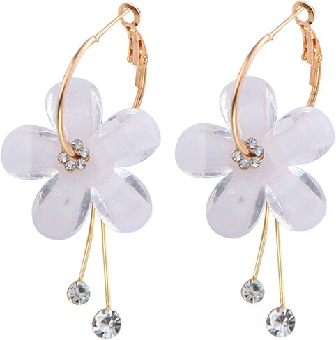 Romantic Colorful Cubic Zircon Crystal Acrylic Rose Flower Round Circle Hoop Dangle Drop Earrings Elegant Petal Pendant Tassel Jewelry for Women Girls in Saudi Arabia