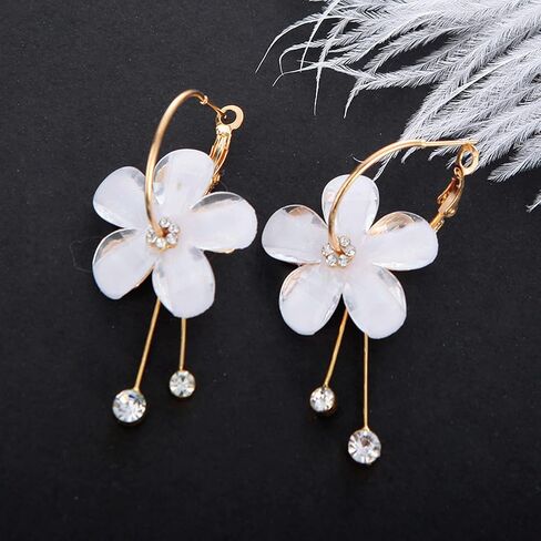 Romantic Colorful Cubic Zircon Crystal Acrylic Rose Flower Round Circle Hoop Dangle Drop Earrings Elegant Petal Pendant Tassel Jewelry for Women Girls in Saudi Arabia