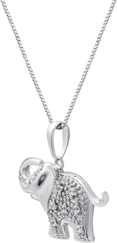 Sterling Silver 1/10cttw Natural Round-Cut Diamond (J-K Color, I2-I3 Clarity) Elephant Pendant-Necklace,18" in Kuwait